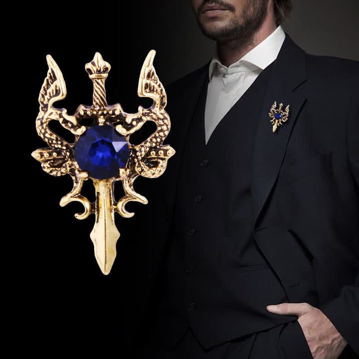 Broche de espada de dragón con gema retro para hombre