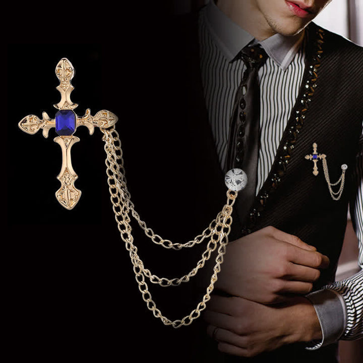 Broche clásico de cadena con cristales en forma de cruz para hombre
