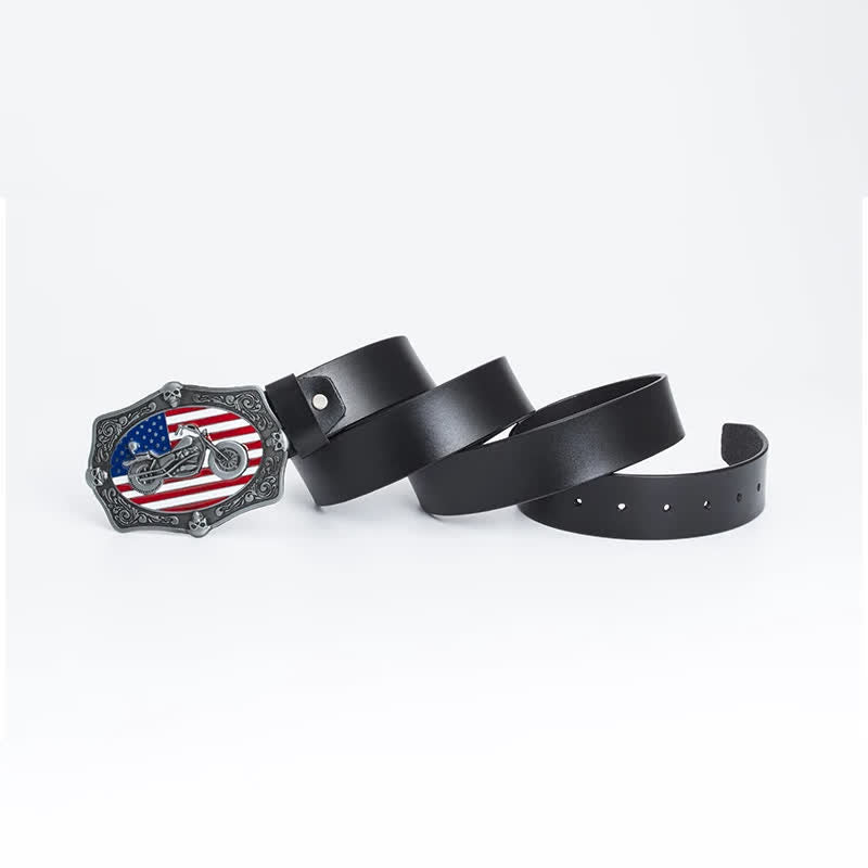 Cinturón de cuero con calavera y bandera estadounidense para hombre con diseño de motocicleta