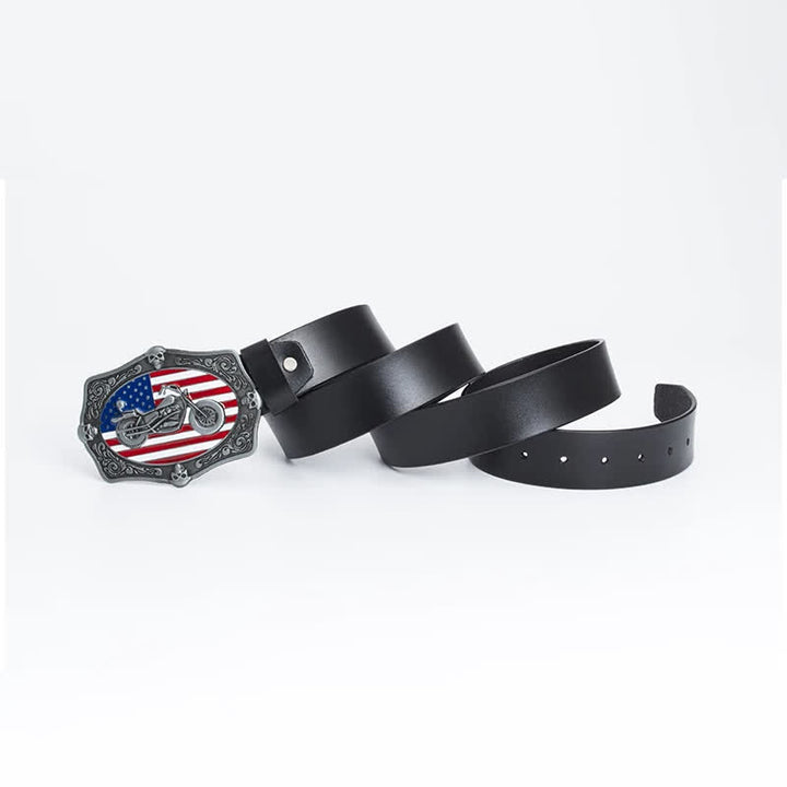 Cinturón de cuero con calavera y bandera estadounidense para hombre con diseño de motocicleta