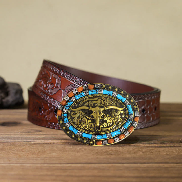 Cinturón de cuero con hebilla de toro y cuentas de madera turquesa para hombre hecho a mano
