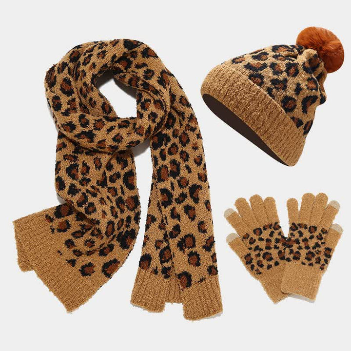 Conjunto de 3 guantes y bufanda con estampado de leopardo para mujer