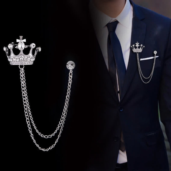 Broche con cadena de corona y diamantes de imitación estilo retro para hombre
