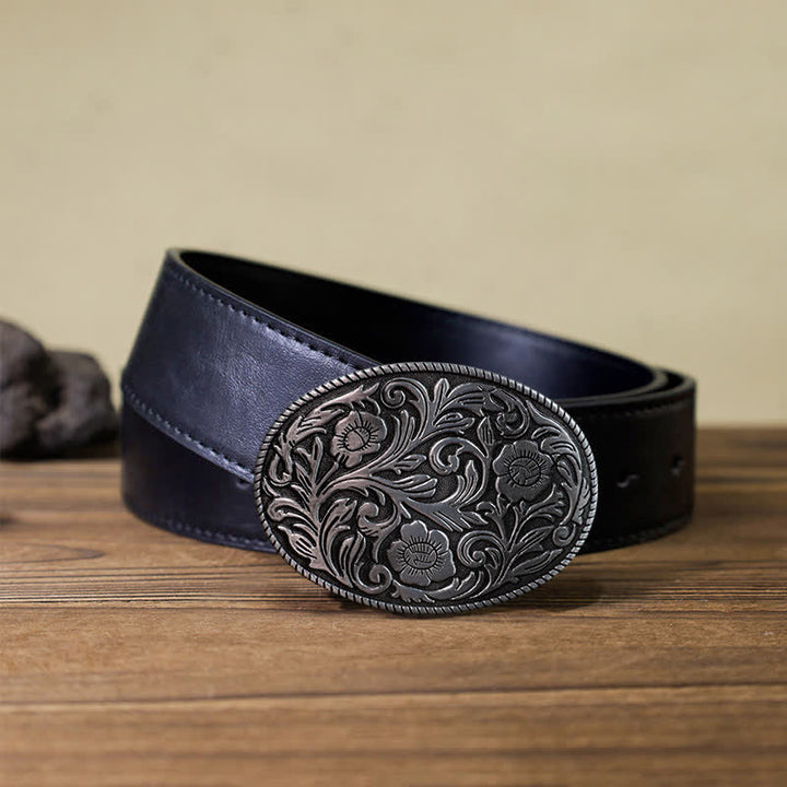 Cinturón de cuero con hebilla ovalada y diseño floral clásico para hombre hecho a mano