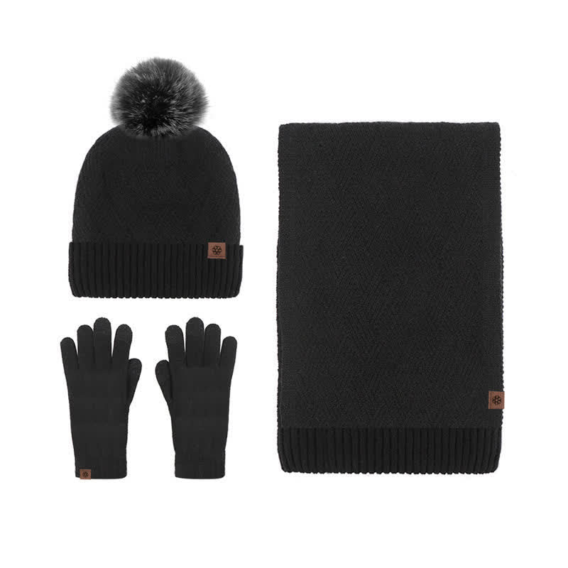 Conjunto de 3 guantes con pantalla táctil y bufanda con pompón tejido para mujer