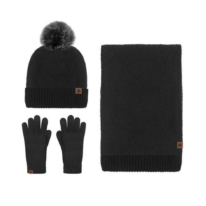 Conjunto de 3 guantes con pantalla táctil y bufanda con pompón tejido para mujer