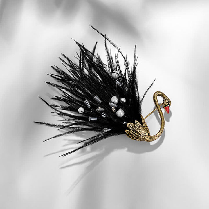 Broche de plumas de cisne de peluche blanco y negro para mujer