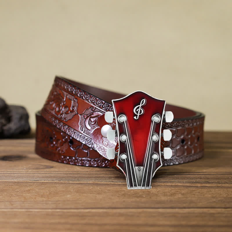 Cinturón de cuero con hebilla de clavijero de guitarra musical para hombre hecho a mano