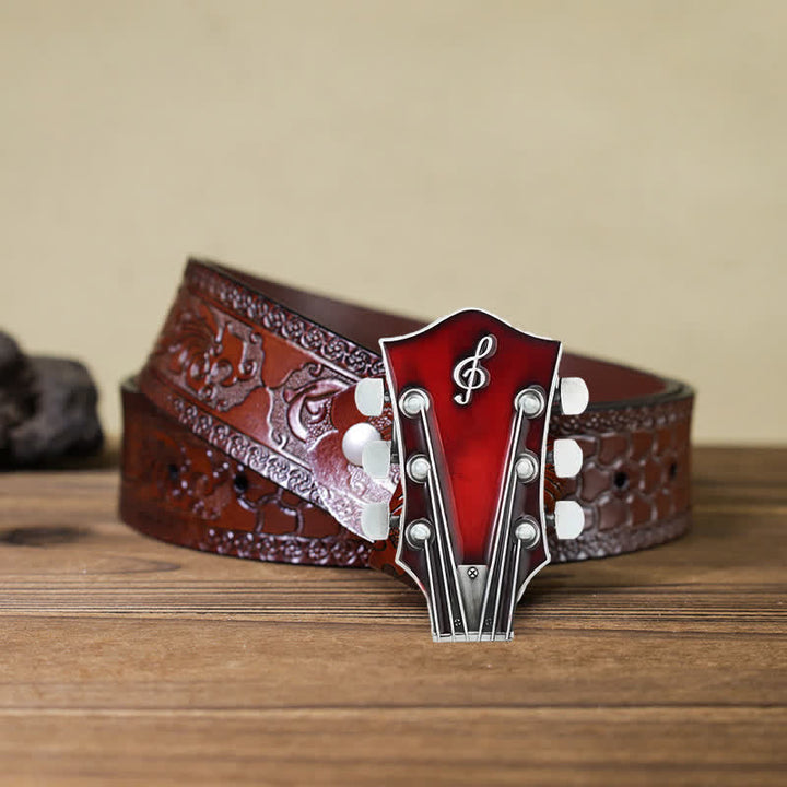 Cinturón de cuero con hebilla de clavijero de guitarra musical para hombre hecho a mano