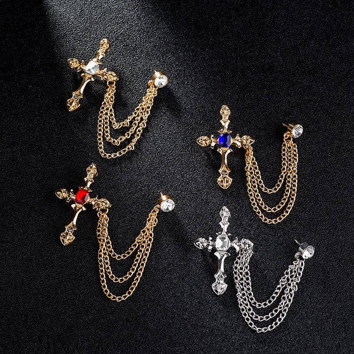 Broche clásico de cadena con cristales en forma de cruz para hombre