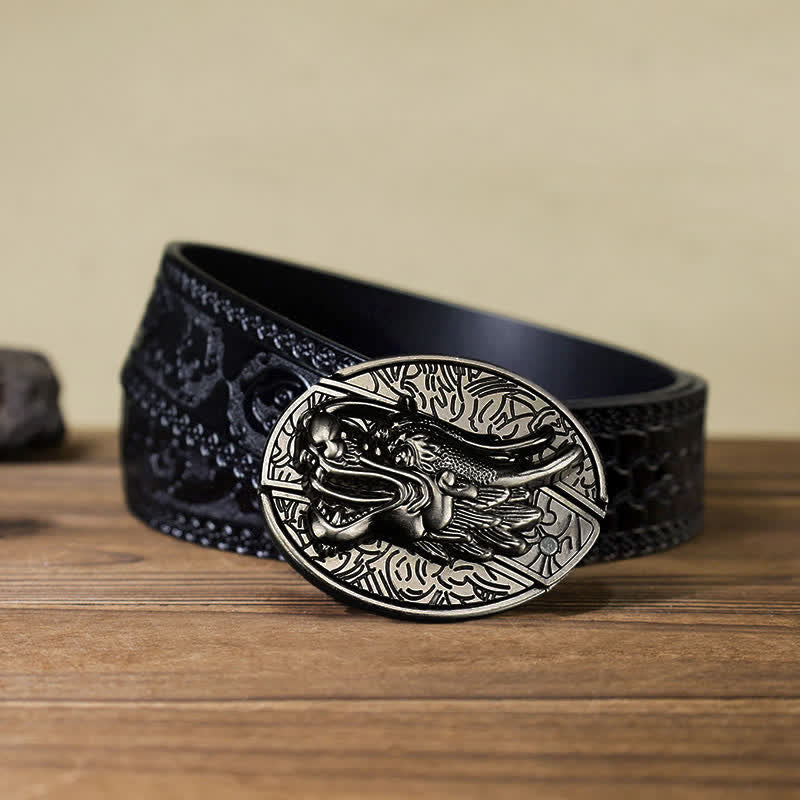 Cinturón de cuero con cuchillo plegable oculto con cabeza de dragón para hombre