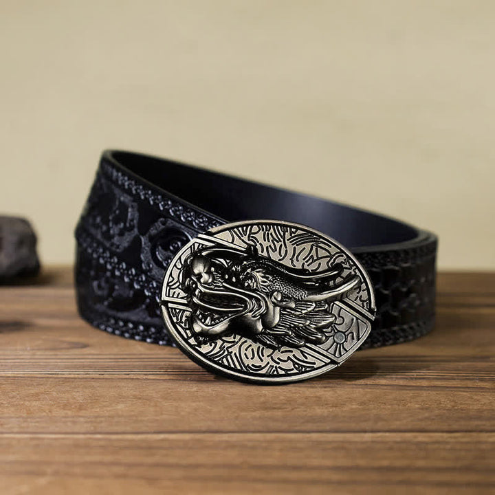 Cinturón de cuero con cuchillo plegable oculto con cabeza de dragón para hombre