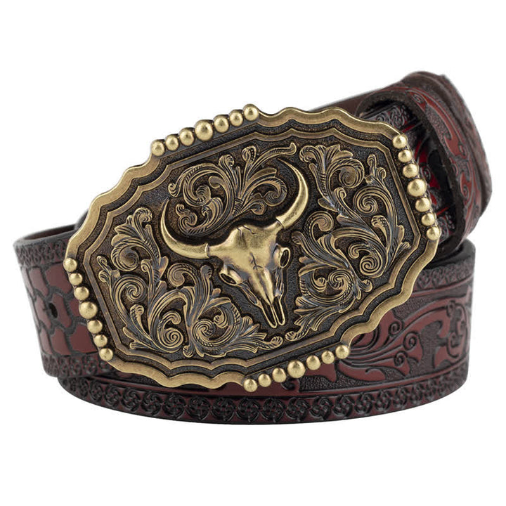 Cinturón clásico de cuero con calavera de toro y flores para hombre
