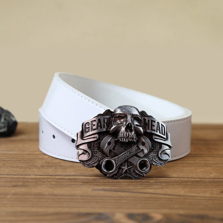 Cinturón de cuero con hebilla de calavera de pistón para hombre, hecho a mano con Gear Head
