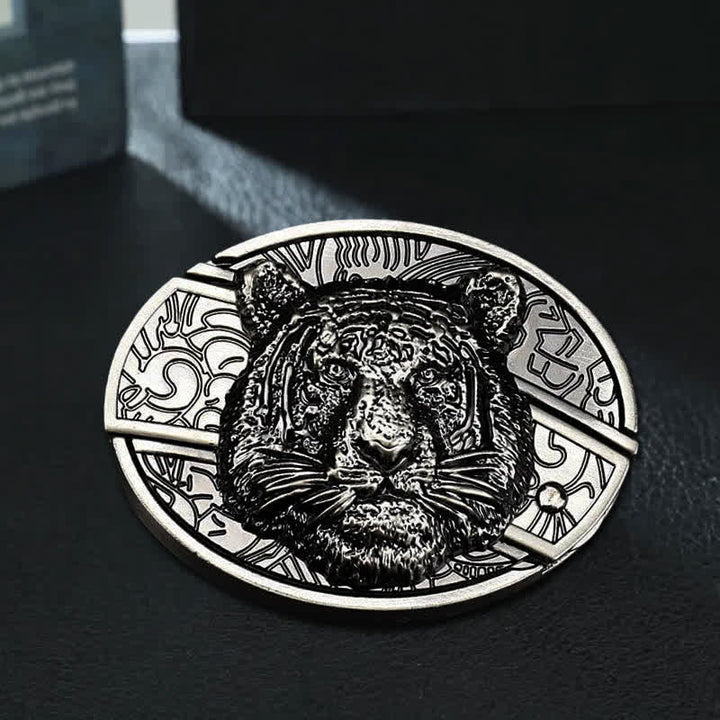 Cinturón de cuero con cuchillo plegable oculto con cabeza de leopardo para hombre