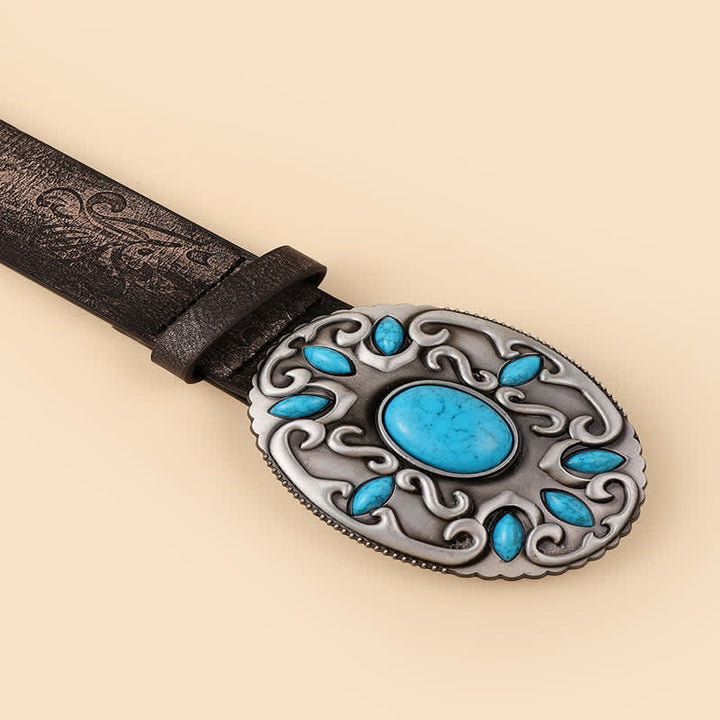 Cinturón de cuero con hebilla ovalada y decoración turquesa para mujer