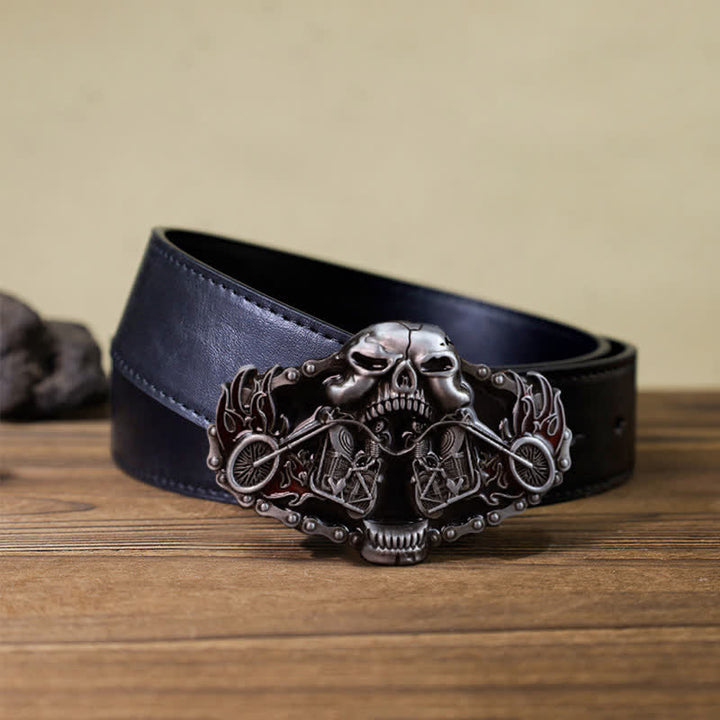 Cinturón de cuero con hebilla de cabeza de fantasma de motocicleta y calavera para hombre