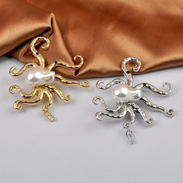 Broche unisex con perla grande en forma de pulpo tropical