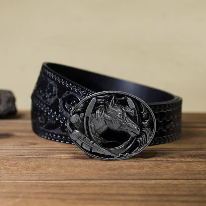 Cinturón de cuero con hebilla de esmalte negro y herradura para hombre hecho a mano