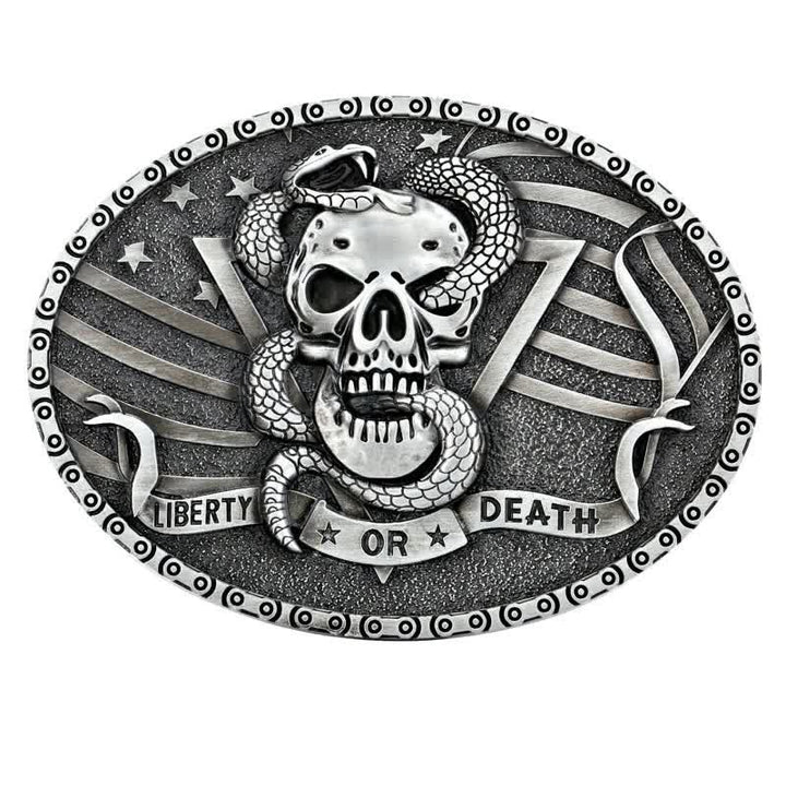 Cinturón de cuero con hebilla de calavera de serpiente "Libertad o muerte" para hombre, hecho a mano