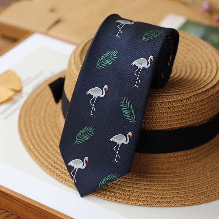 Corbata de hombre estilo tropical azul marino con diseño de flamenco