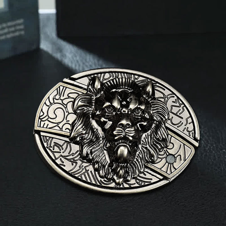 Cinturón de cuero con cuchillo plegable oculto con insignia de león para hombre
