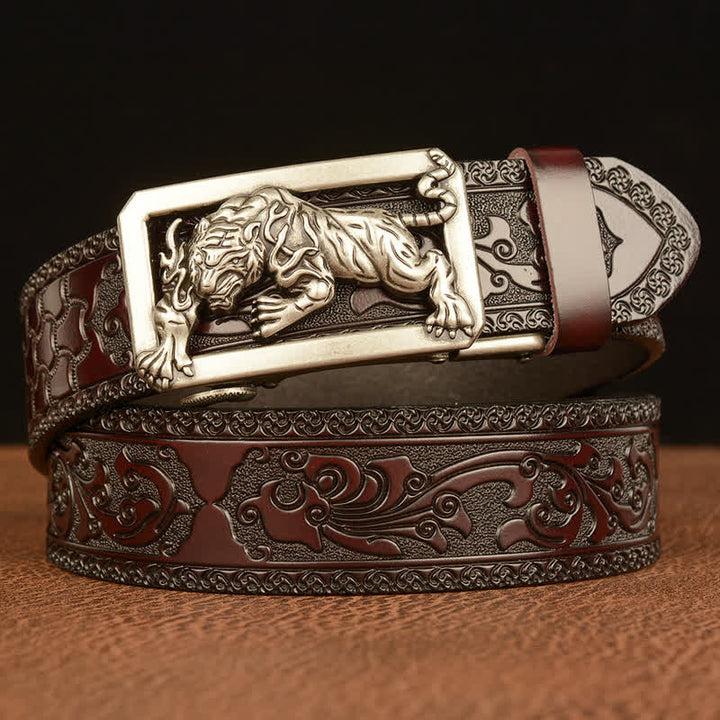 Cinturón de cuero con estampado floral y hebilla de tigre para hombre