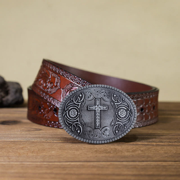 Cinturón de cuero con hebilla floral y cruz de fe para hombre, hecho a mano