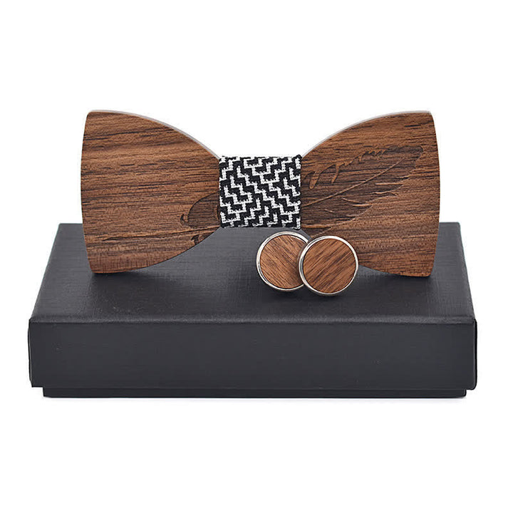 Juego de 2 pajaritas de madera con grabado de plumas para hombre