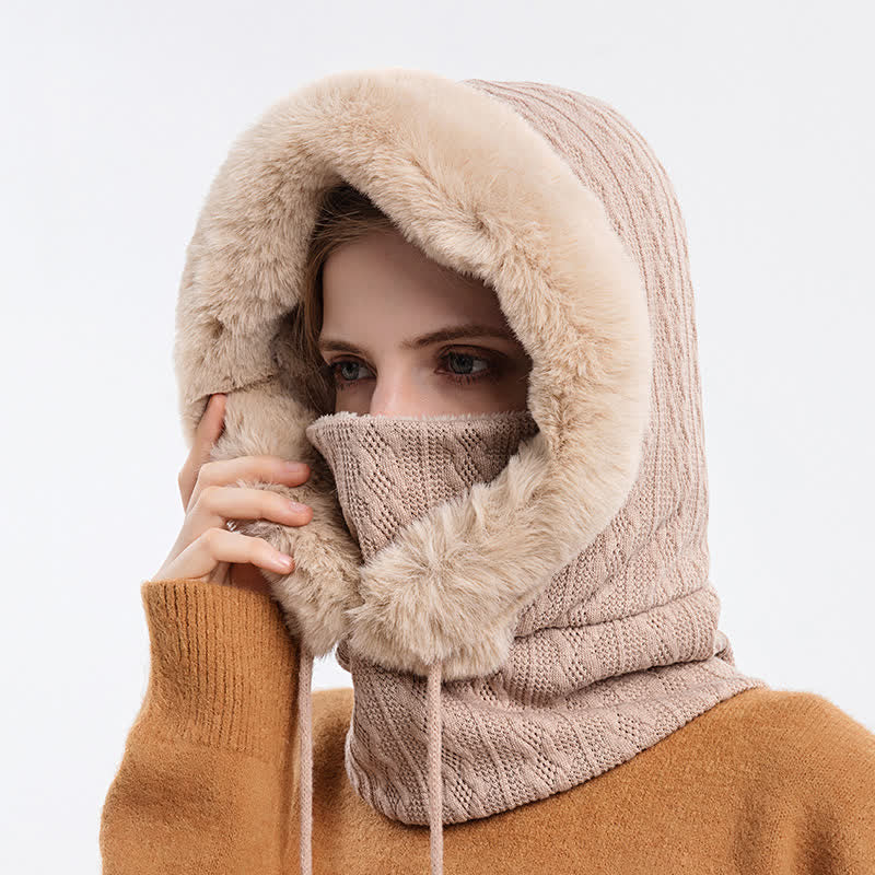 Gorro de punto con capucha y mascarilla de color caramelo para mujer