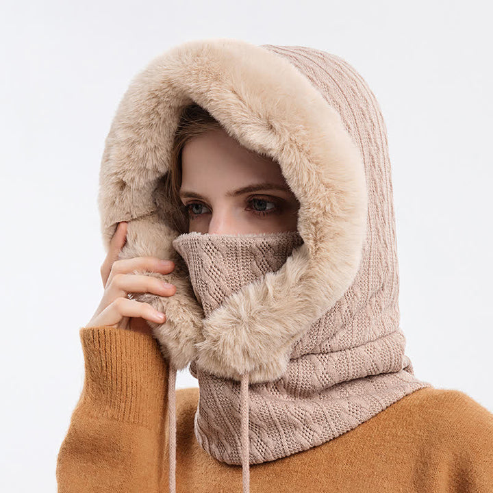 Gorro de punto con capucha y mascarilla de color caramelo para mujer