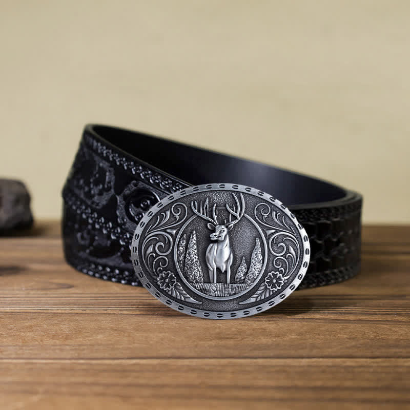 Cinturón de cuero con hebilla ovalada con diseño de ciervo del bosque para hombre hecho a mano