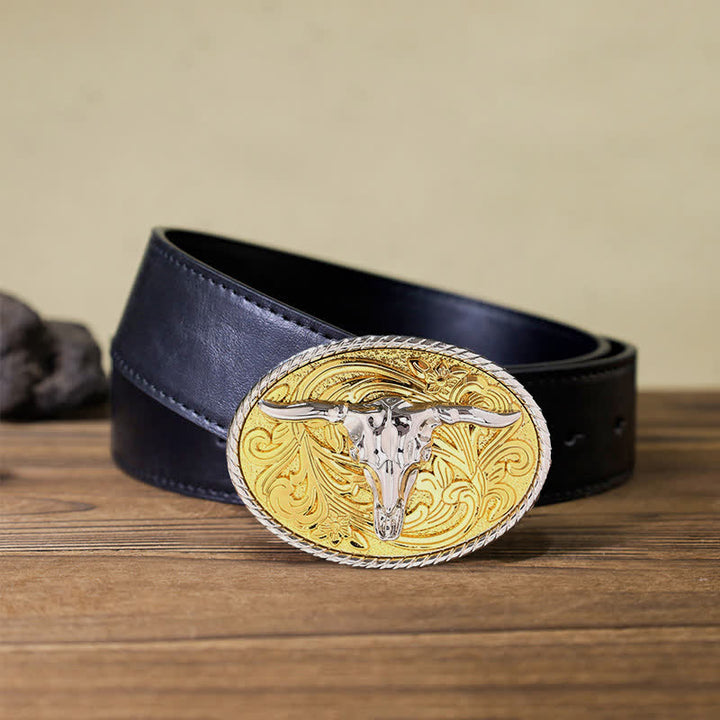 Cinturón de cuero con hebilla de cabeza de toro dorada brillante para hombre hecho a mano
