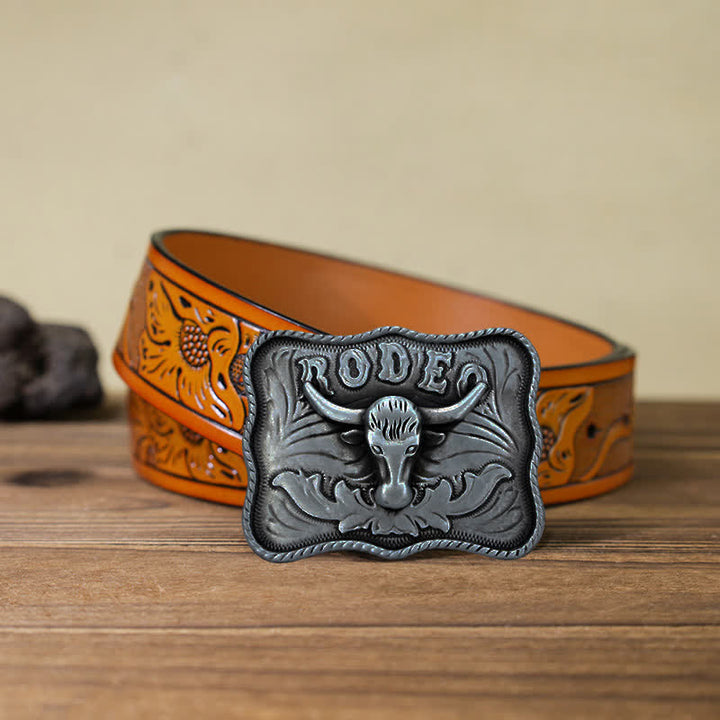 Cinturón de cuero con hebilla de rodeo de toro Longhorn plateado para hombre, hecho a mano