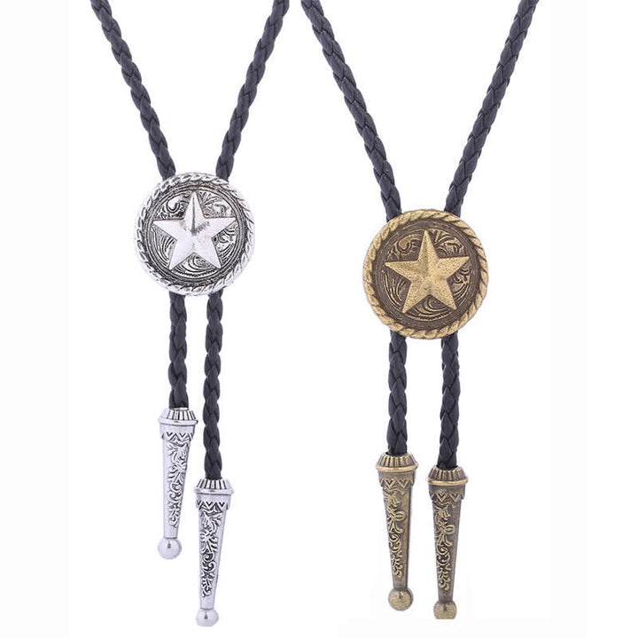 Corbata de bolo con cordón de cuero trenzado y estrella de cinco puntas