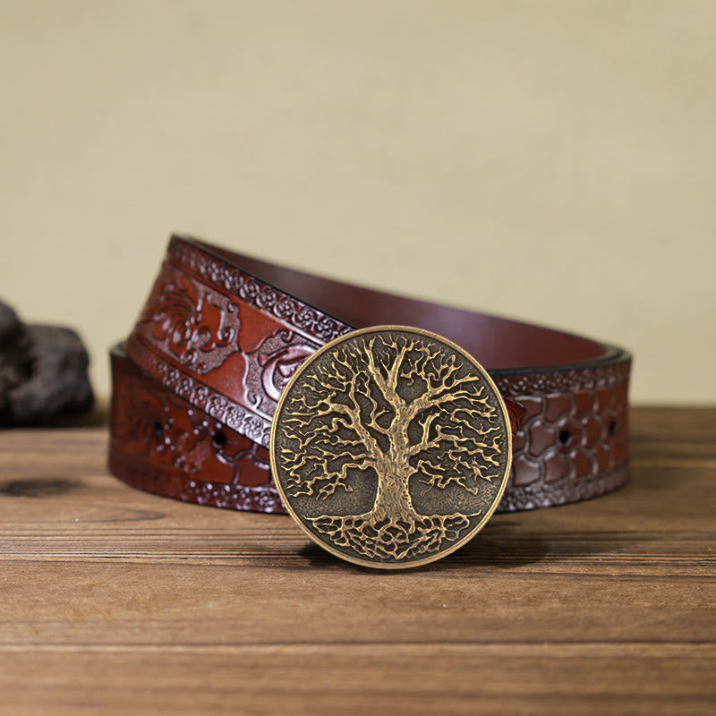 Cinturón de cuero con hebilla redonda del árbol de la vida para hombre, hecho a mano