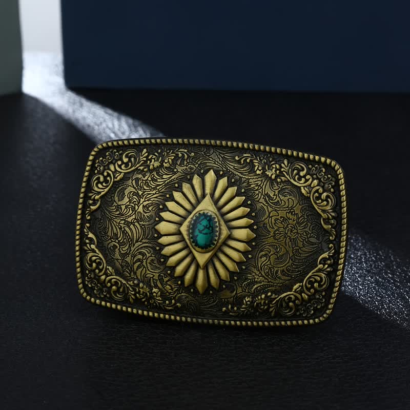 Cinturón de cuero con hebilla occidental turquesa cuadrada para hombre hecho a mano
