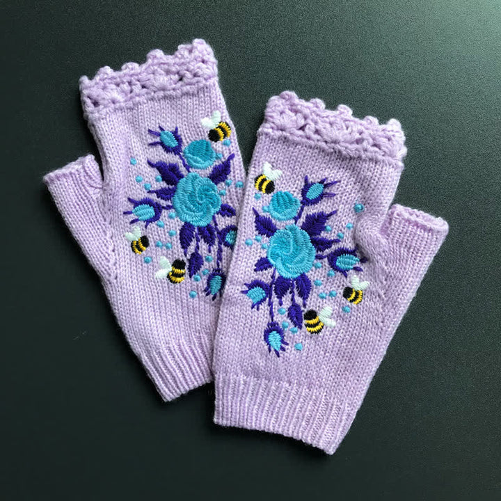 Guantes de punto de medio dedo con bordado de flores para mujer